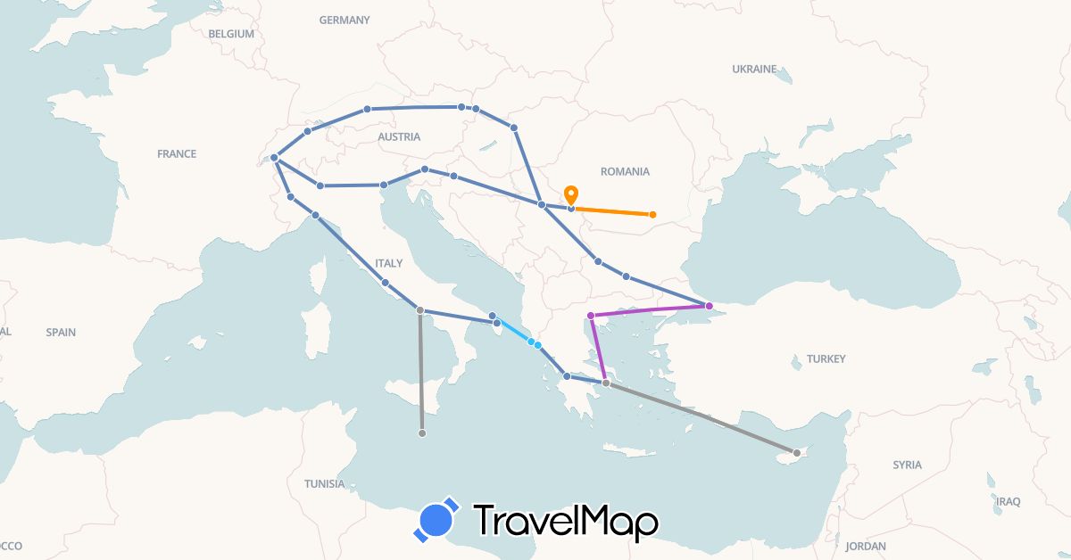 TravelMap itinerary: plane, cycling, train, boat, hitchhiking in Austria, Bulgaria, Switzerland, Cyprus, Germany, Greece, Croatia, Hungary, Italy, Malta, Romania, Serbia, Slovenia, Slovakia, Turkey (Asia, Europe)