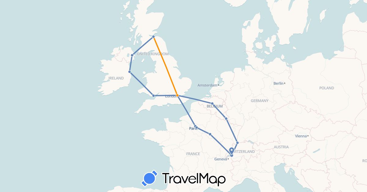 TravelMap itinerary: driving, cycling, hitchhiking in Belgium, Switzerland, France, United Kingdom, Ireland, Luxembourg (Europe)