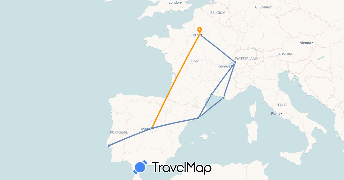 TravelMap itinerary: cycling, hitchhiking in Switzerland, Spain, France, Portugal (Europe)