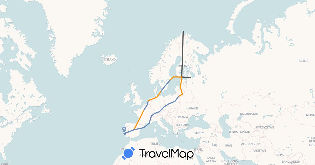 TravelMap itinerary: cycling, hitchhiking, motorbike in Åland Islands, Belgium, Switzerland, Czech Republic, Germany, Denmark, Estonia, Spain, Finland, France, Lithuania, Latvia, Netherlands, Norway, Poland, Portugal, Russia, Sweden (Europe)